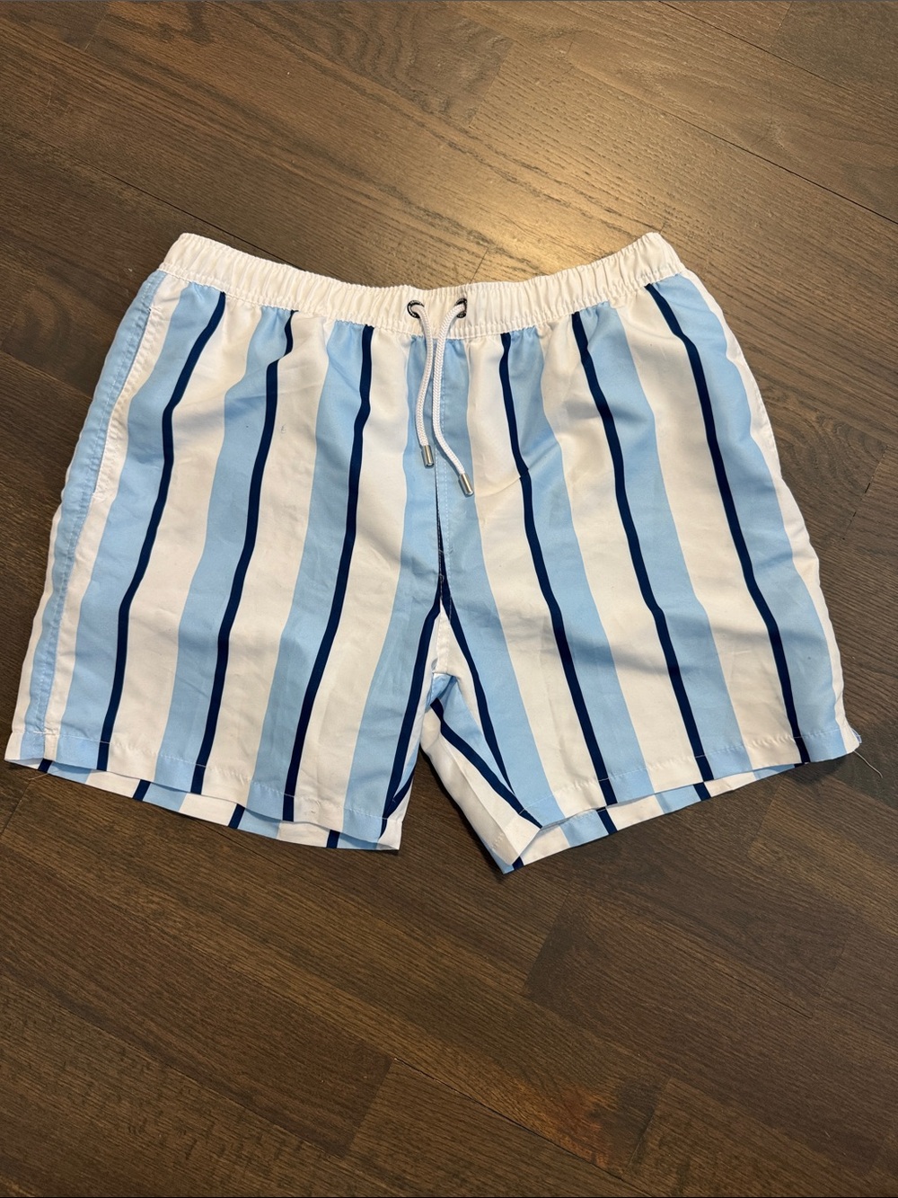 Franks Men's Light Blue and White Vertical Stripe Swim Trunks